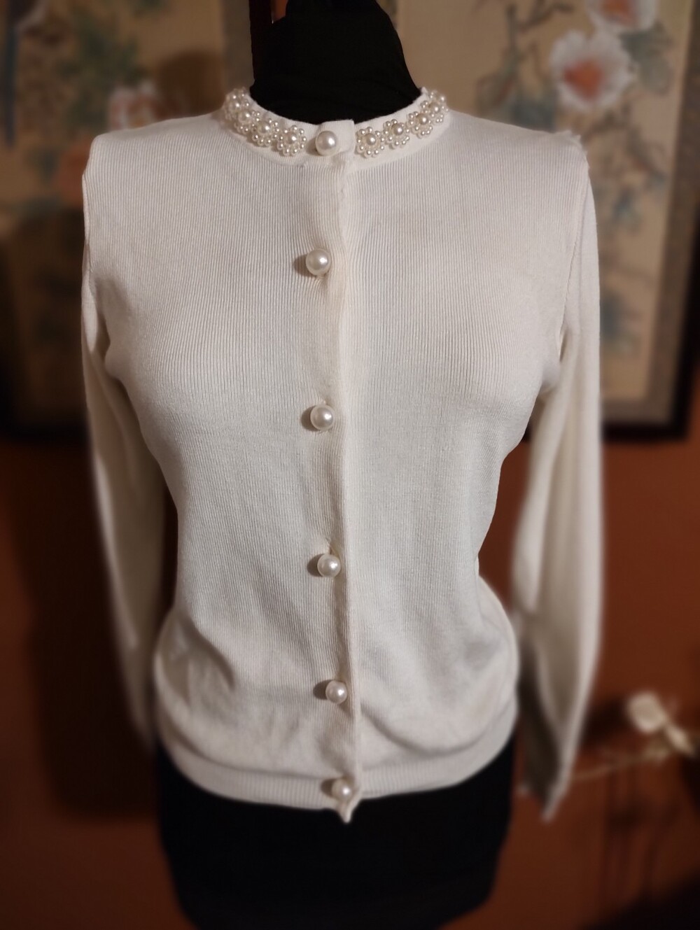 🎀🌹🎀 Dazzling Elaborate Faux Pearl Chantilly Cream Ivory Sweater Cardigan - M